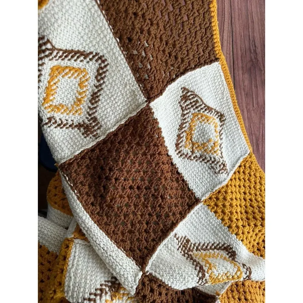 Vintage Handmade Crocheted Throw Afghan Blanket in Mustard, Brown & Cream